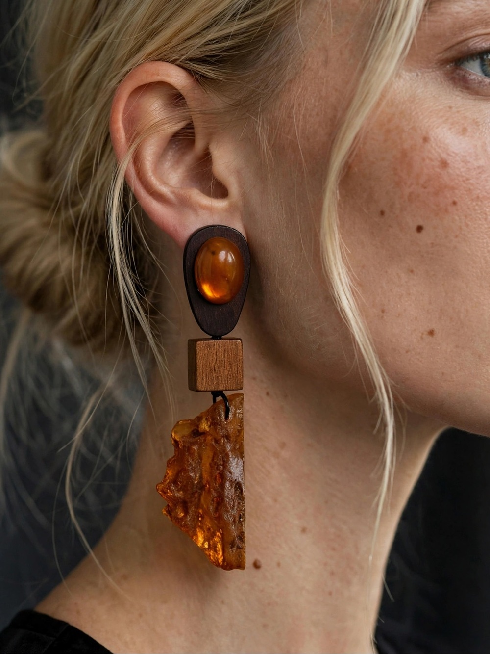 New Amimi  Handmade Raw Amber Drops Wood   Earrings S925 E135